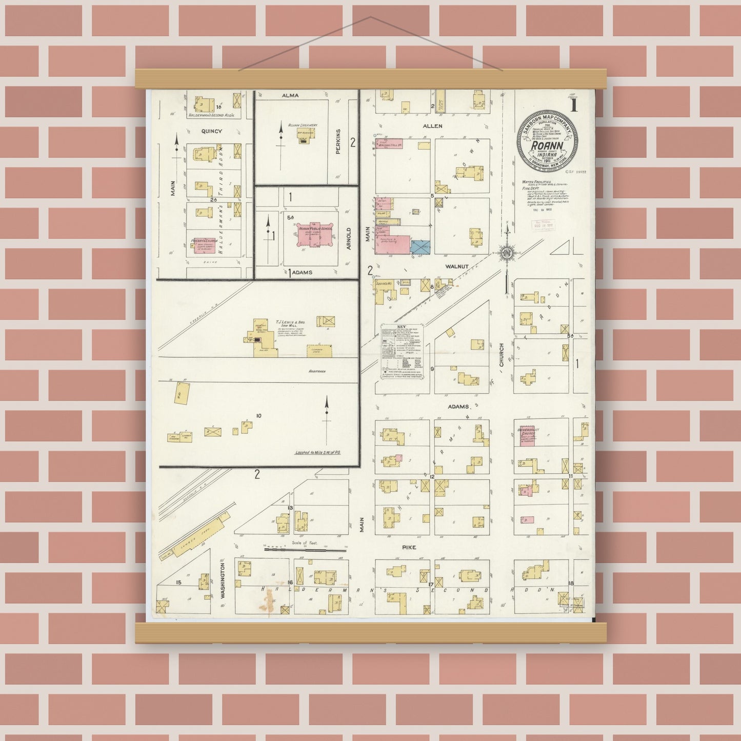 Old map wall art mockup — magnetic wood frame on brick wall — Sanborn Fire Insurance Map from Roann, Wabash County, Indiana (1911) - Complete Map Set
