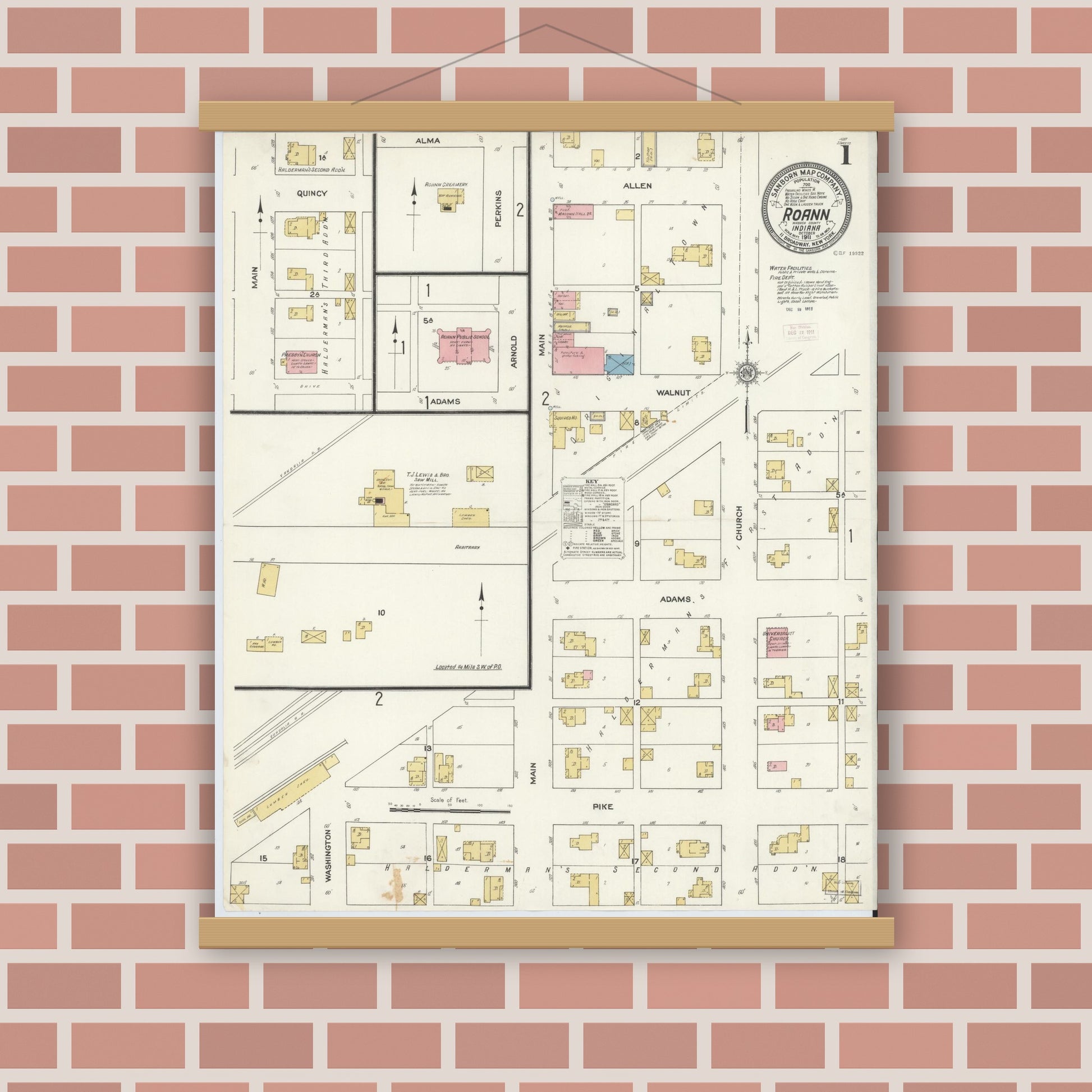 Old map wall art mockup — magnetic wood frame on brick wall — Sanborn Fire Insurance Map from Roann, Wabash County, Indiana (1911) - Complete Map Set