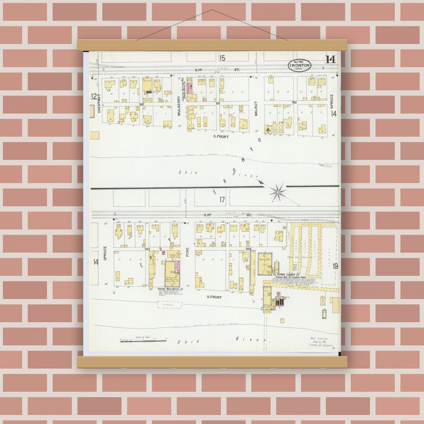 Old map wall art mockup — magnetic wood frame on brick wall — Sanborn Fire Insurance Map from Ironton, Lawrence County, Ohio (1900), Sheet #0014