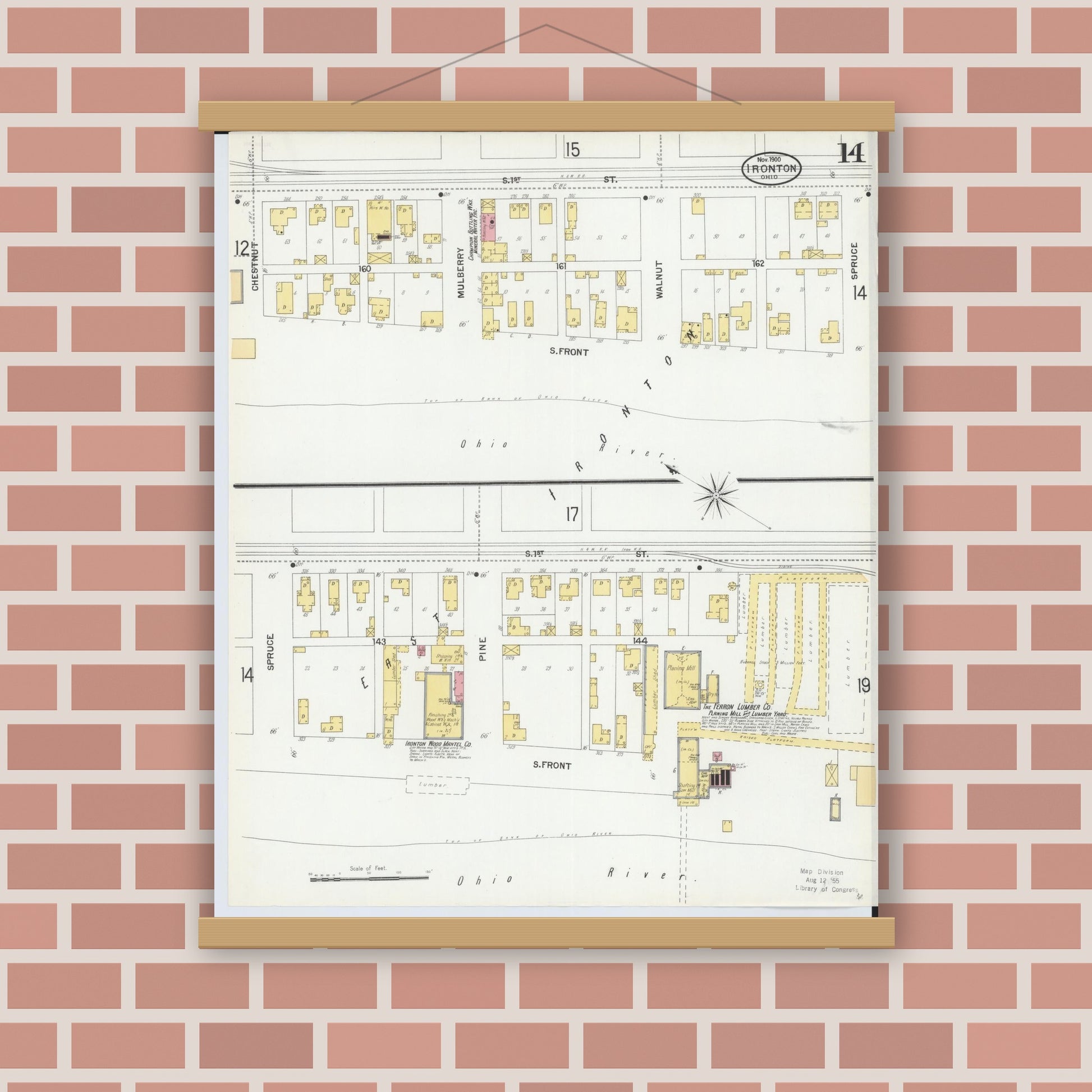 Old map wall art mockup — magnetic wood frame on brick wall — Sanborn Fire Insurance Map from Ironton, Lawrence County, Ohio (1900), Sheet #0014