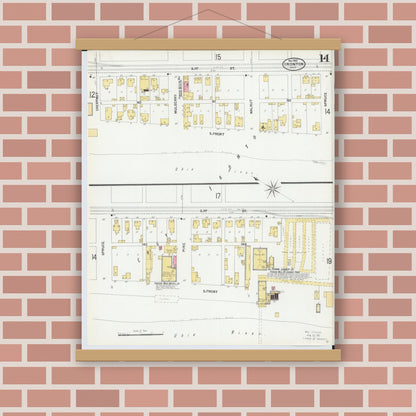 Old map wall art mockup — magnetic wood frame on brick wall — Sanborn Fire Insurance Map from Ironton, Lawrence County, Ohio (1900), Sheet #0014