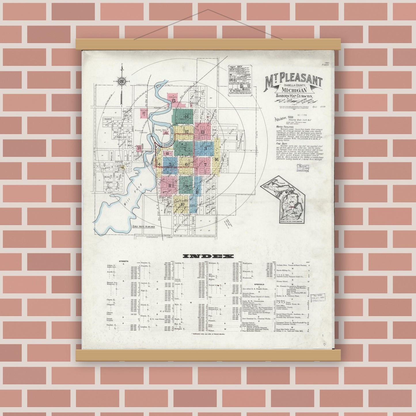 Old map wall art mockup — magnetic wood frame on brick wall — Sanborn Fire Insurance Map from Mount Pleasant, Isabella County, Michigan (1924) - Complete Map Set