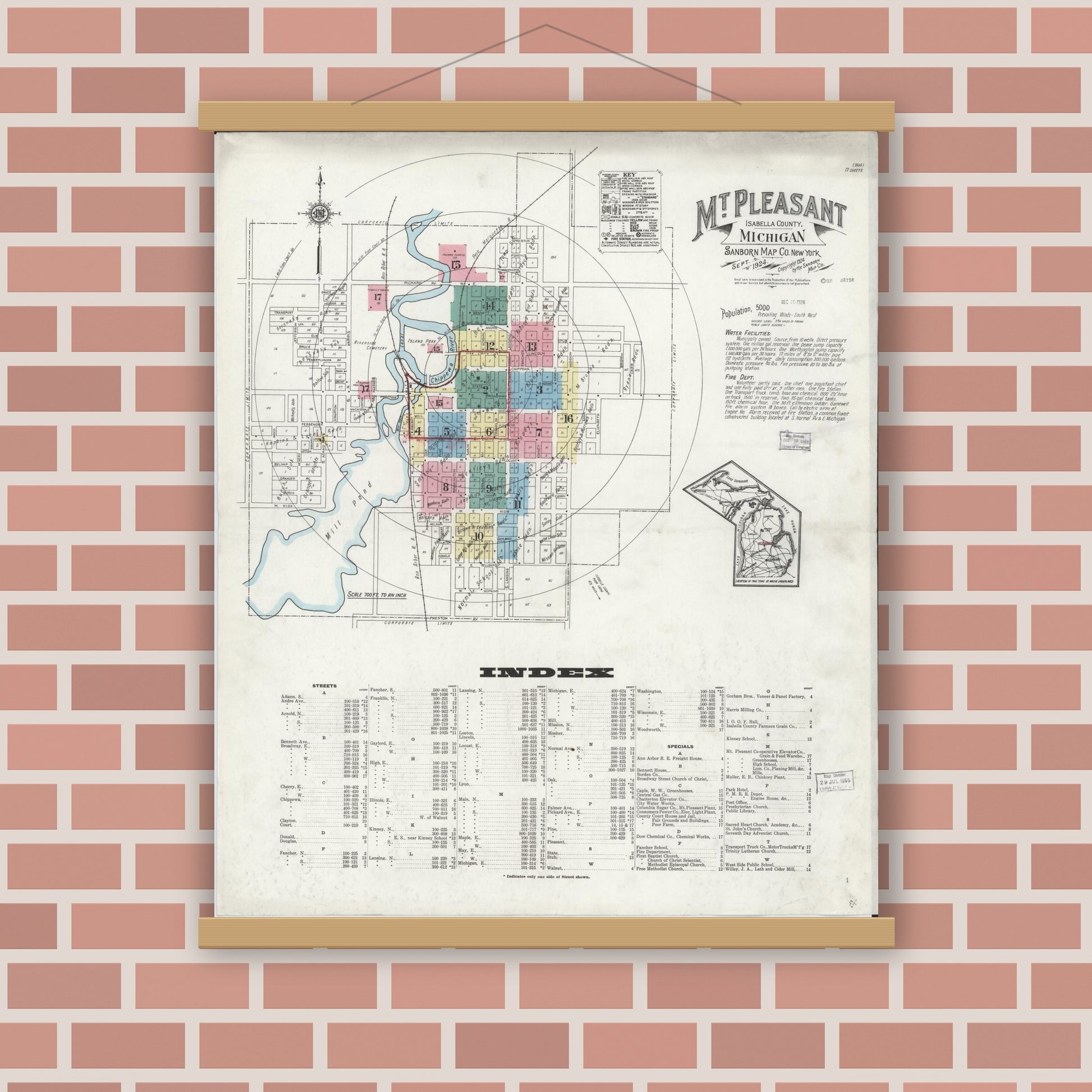 Old map wall art mockup — magnetic wood frame on brick wall — Sanborn Fire Insurance Map from Mount Pleasant, Isabella County, Michigan (1924) - Complete Map Set
