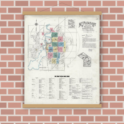 Old map wall art mockup — magnetic wood frame on brick wall — Sanborn Fire Insurance Map from Mount Pleasant, Isabella County, Michigan (1924) - Complete Map Set