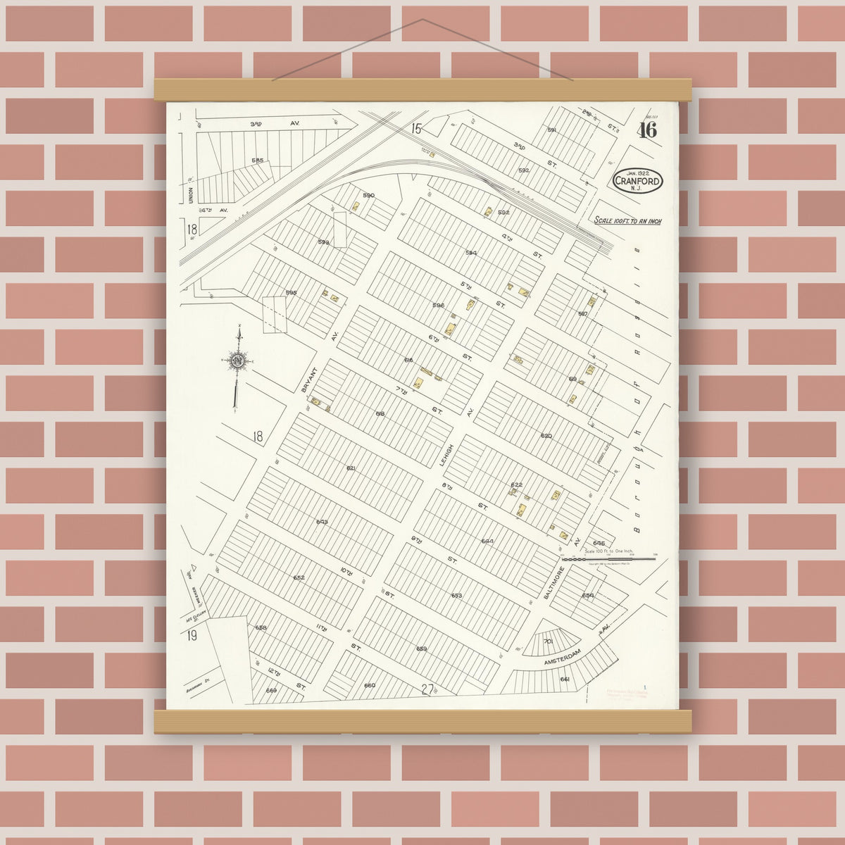 Old map wall art mockup — magnetic wood frame on brick wall — Sanborn Fire Insurance Map from Cranford, Union County, New Jersey (1922), Sheet #0016