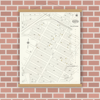 Old map wall art mockup — magnetic wood frame on brick wall — Sanborn Fire Insurance Map from Cranford, Union County, New Jersey (1922), Sheet #0016