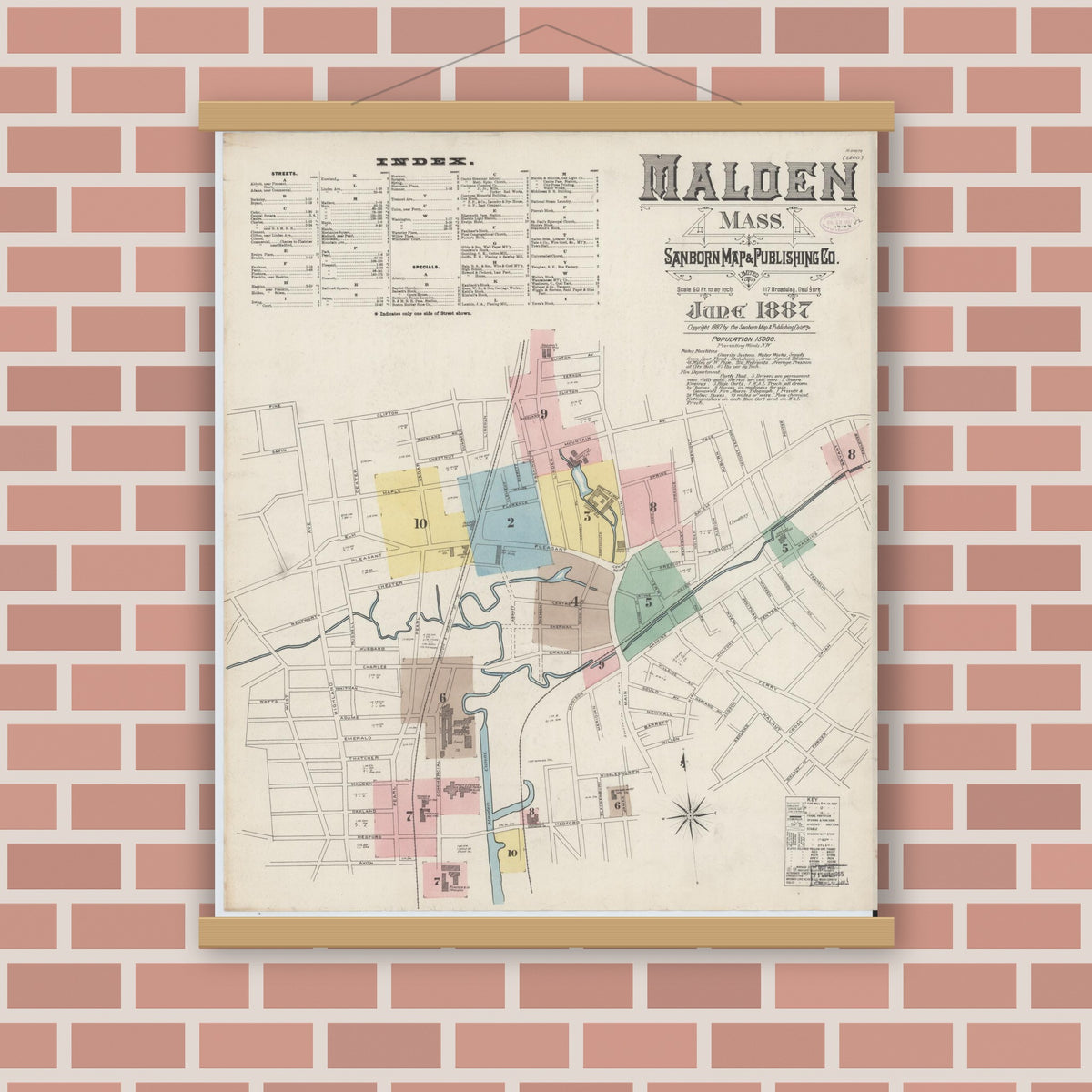 Old map wall art mockup — magnetic wood frame on brick wall — Sanborn Fire Insurance Map from Malden, Middlesex County, Massachusetts (1887) - Complete Map Set