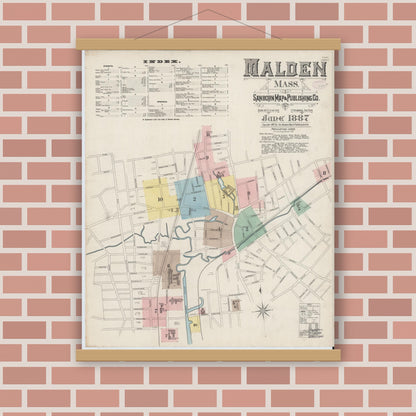 Old map wall art mockup — magnetic wood frame on brick wall — Sanborn Fire Insurance Map from Malden, Middlesex County, Massachusetts (1887) - Complete Map Set