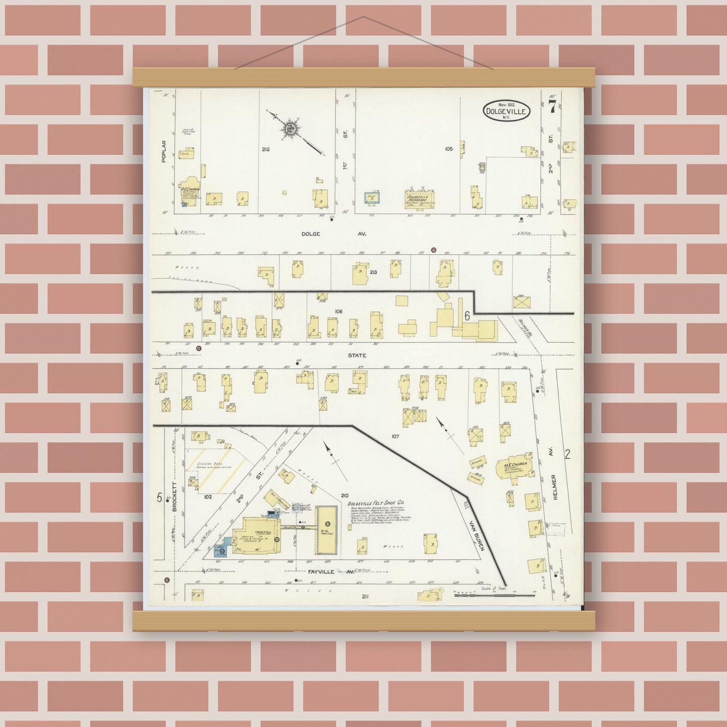 Old map wall art mockup — magnetic wood frame on brick wall — Sanborn Fire Insurance Map from Dolgeville, Hirkimer County, New York (1912), Sheet #0007
