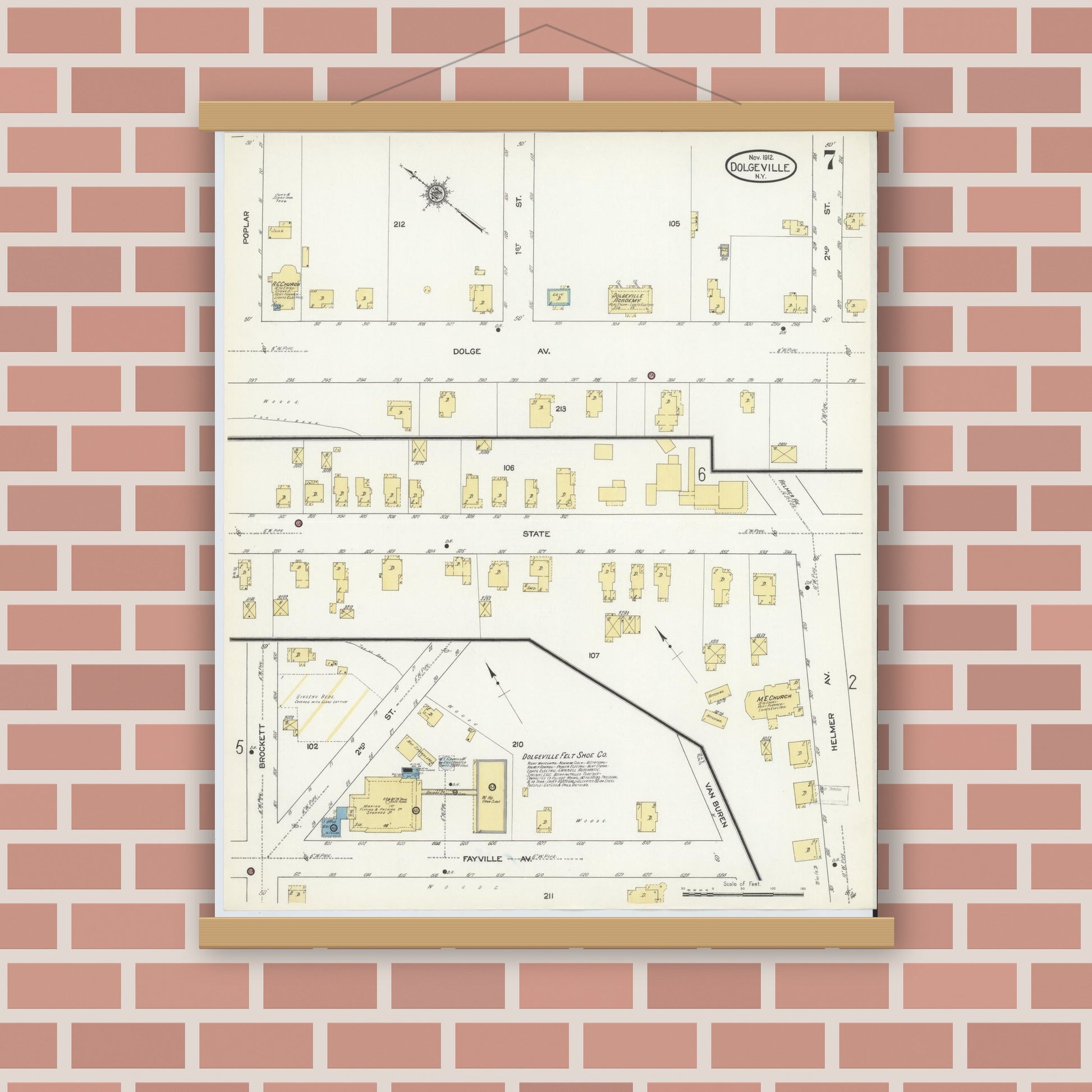 Old map wall art mockup — magnetic wood frame on brick wall — Sanborn Fire Insurance Map from Dolgeville, Hirkimer County, New York (1912), Sheet #0007