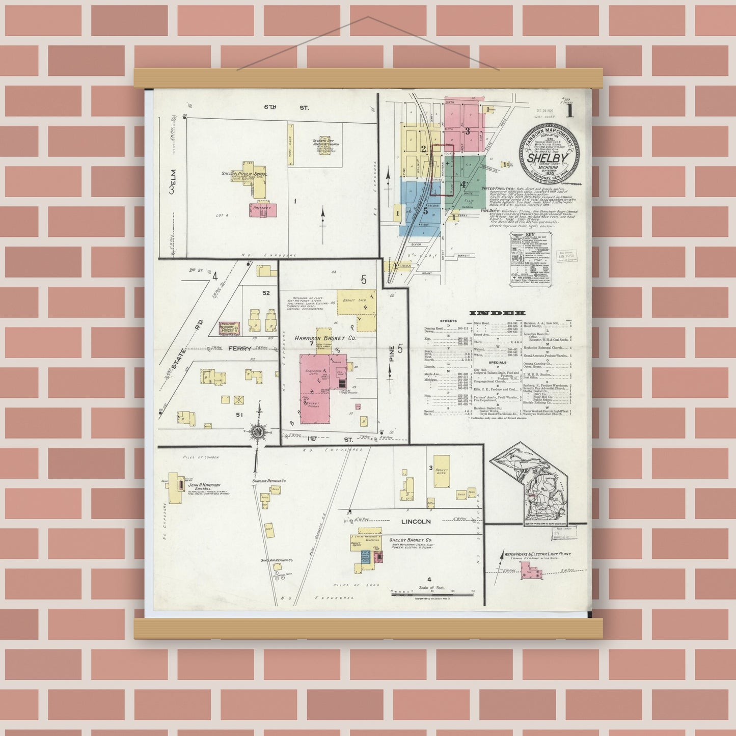Old map wall art mockup — magnetic wood frame on brick wall — Sanborn Fire Insurance Map from Shelby, Oceana County, Michigan (1920) - Complete Map Set