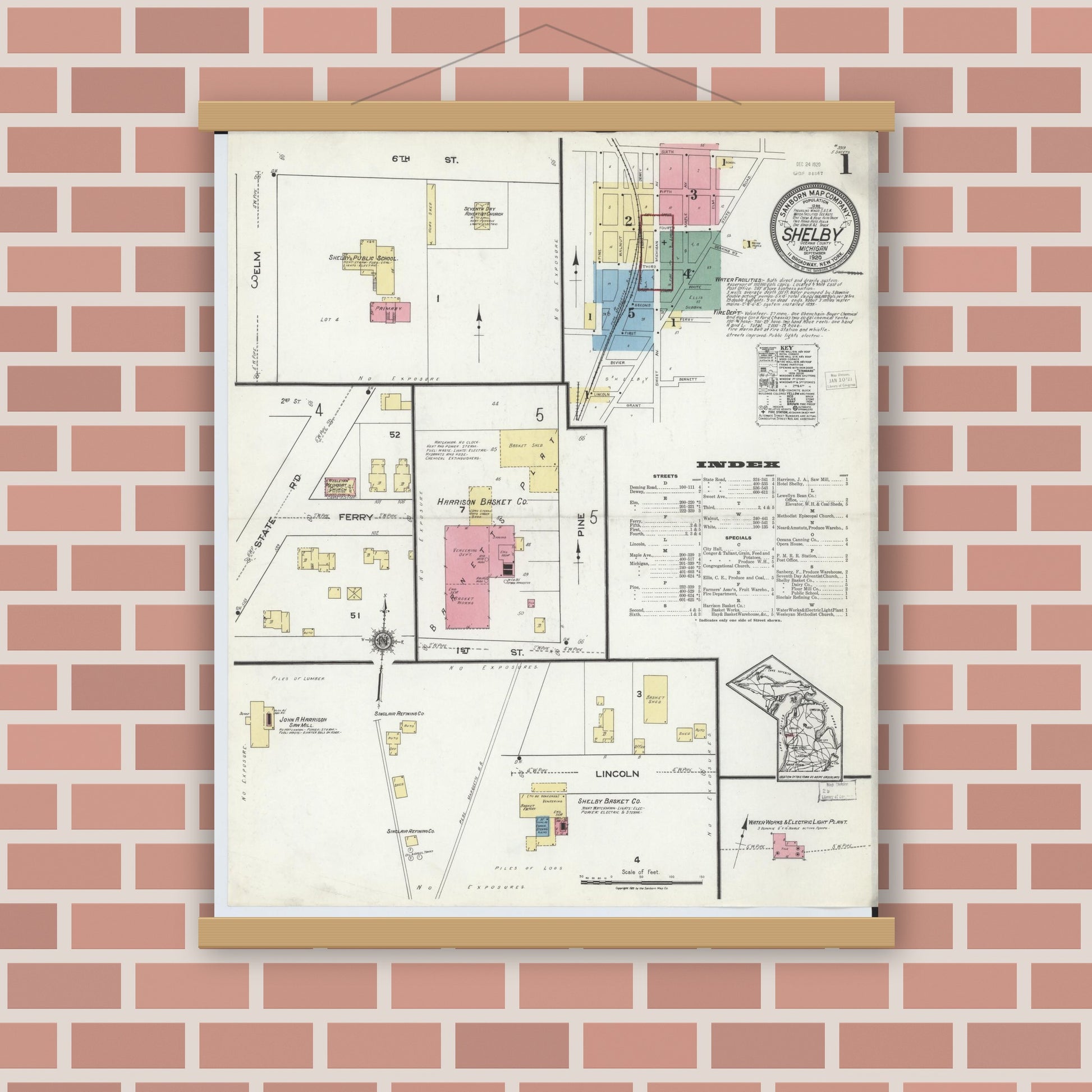 Old map wall art mockup — magnetic wood frame on brick wall — Sanborn Fire Insurance Map from Shelby, Oceana County, Michigan (1920) - Complete Map Set