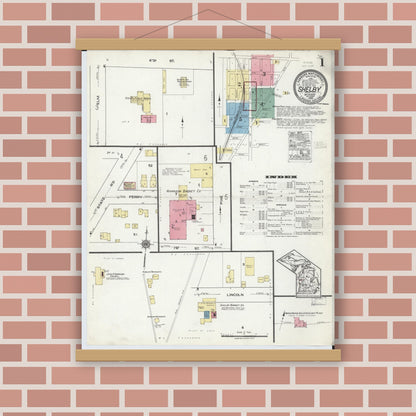 Old map wall art mockup — magnetic wood frame on brick wall — Sanborn Fire Insurance Map from Shelby, Oceana County, Michigan (1920) - Complete Map Set