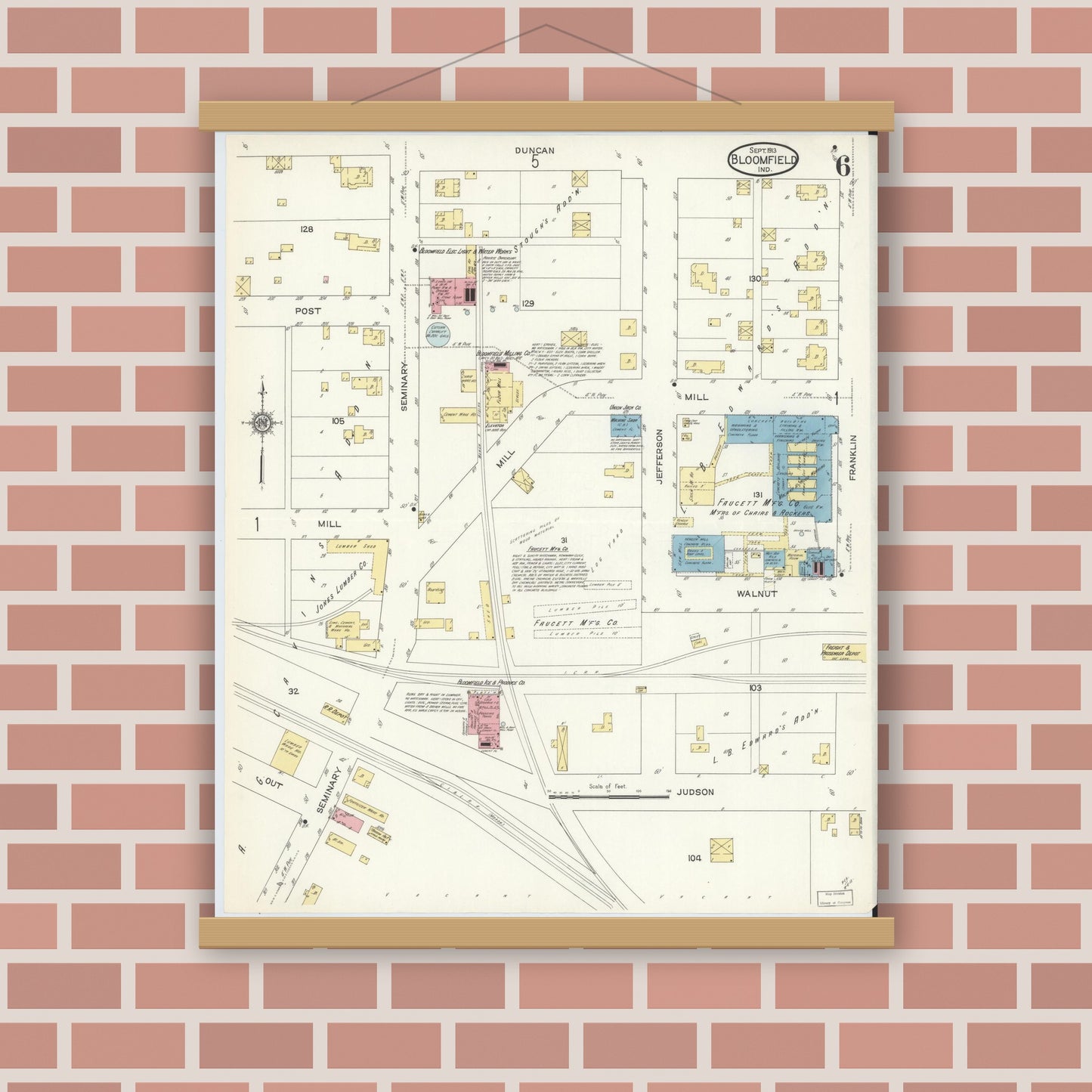 Old map wall art mockup — magnetic wood frame on brick wall — Sanborn Fire Insurance Map from Bloomfield, Greene County, Indiana (1913), Sheet #0006