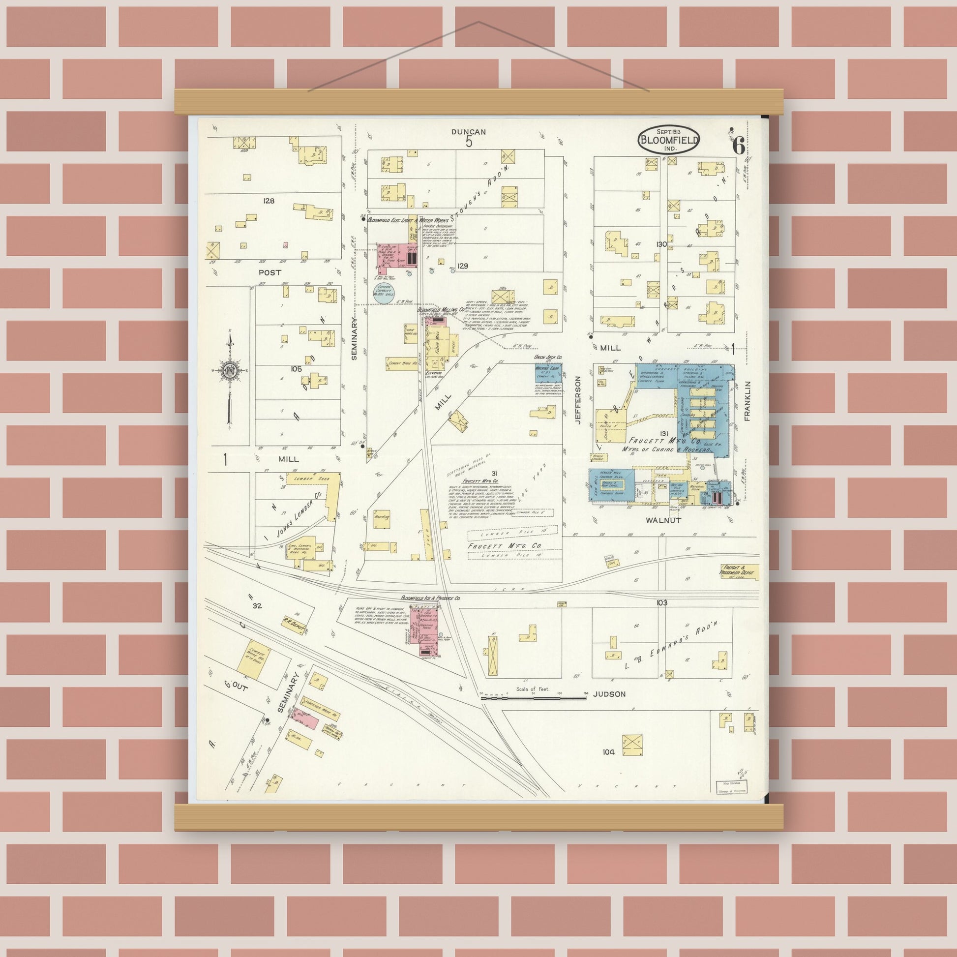 Old map wall art mockup — magnetic wood frame on brick wall — Sanborn Fire Insurance Map from Bloomfield, Greene County, Indiana (1913), Sheet #0006