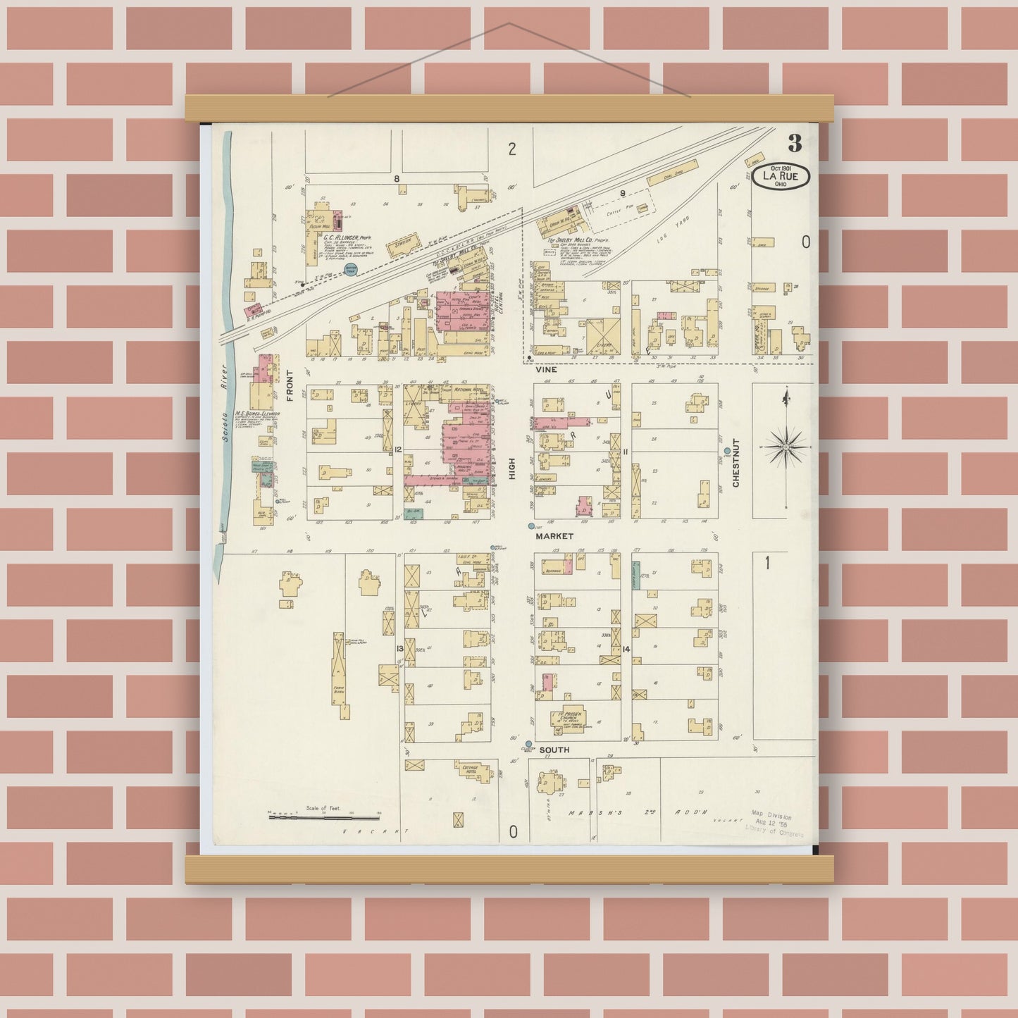 Old map wall art mockup — magnetic wood frame on brick wall — Sanborn Fire Insurance Map from La Rue, Marion County, Ohio (1901), Sheet #0003