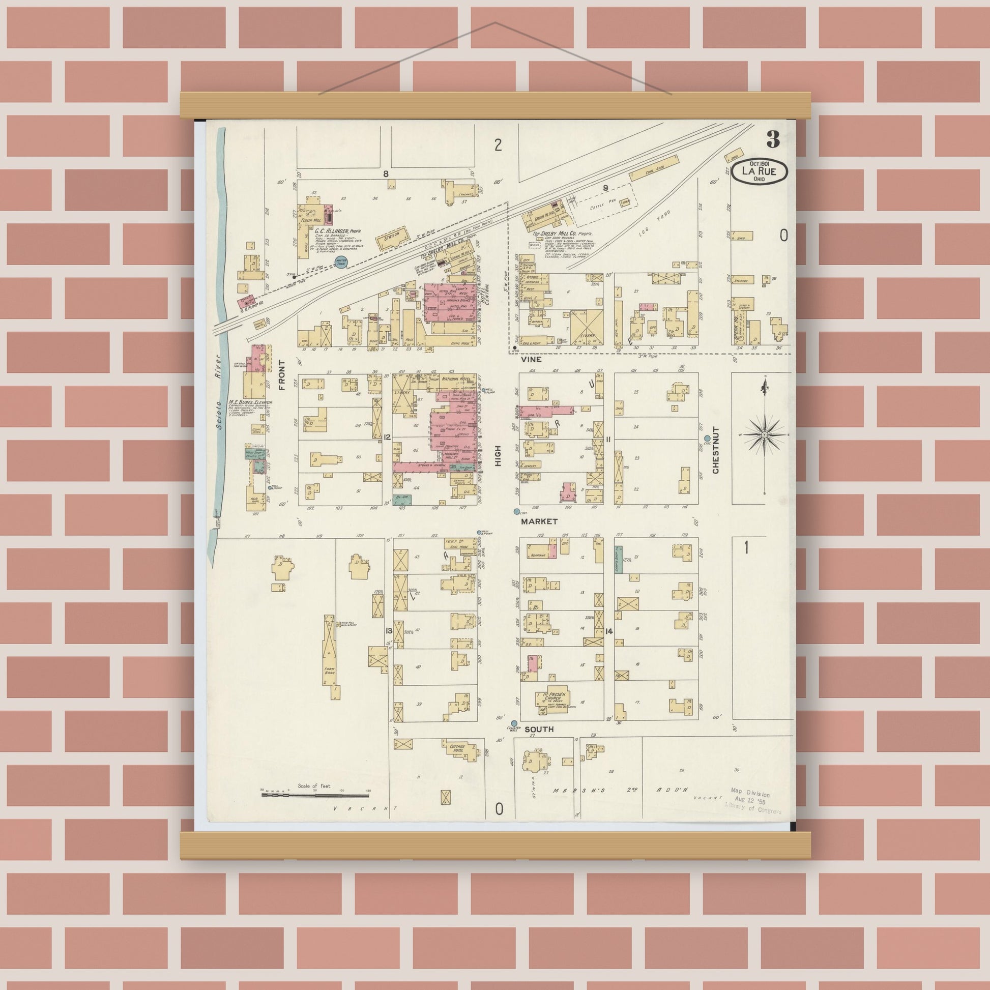 Old map wall art mockup — magnetic wood frame on brick wall — Sanborn Fire Insurance Map from La Rue, Marion County, Ohio (1901), Sheet #0003