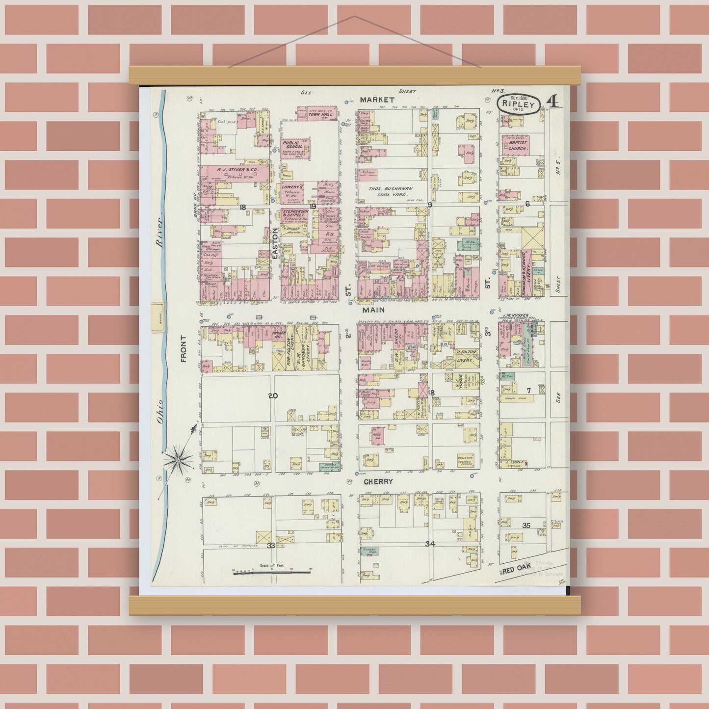 Old map wall art mockup — magnetic wood frame on brick wall — Sanborn Fire Insurance Map from Ripley, Brown County, Ohio (1890), Sheet #0004