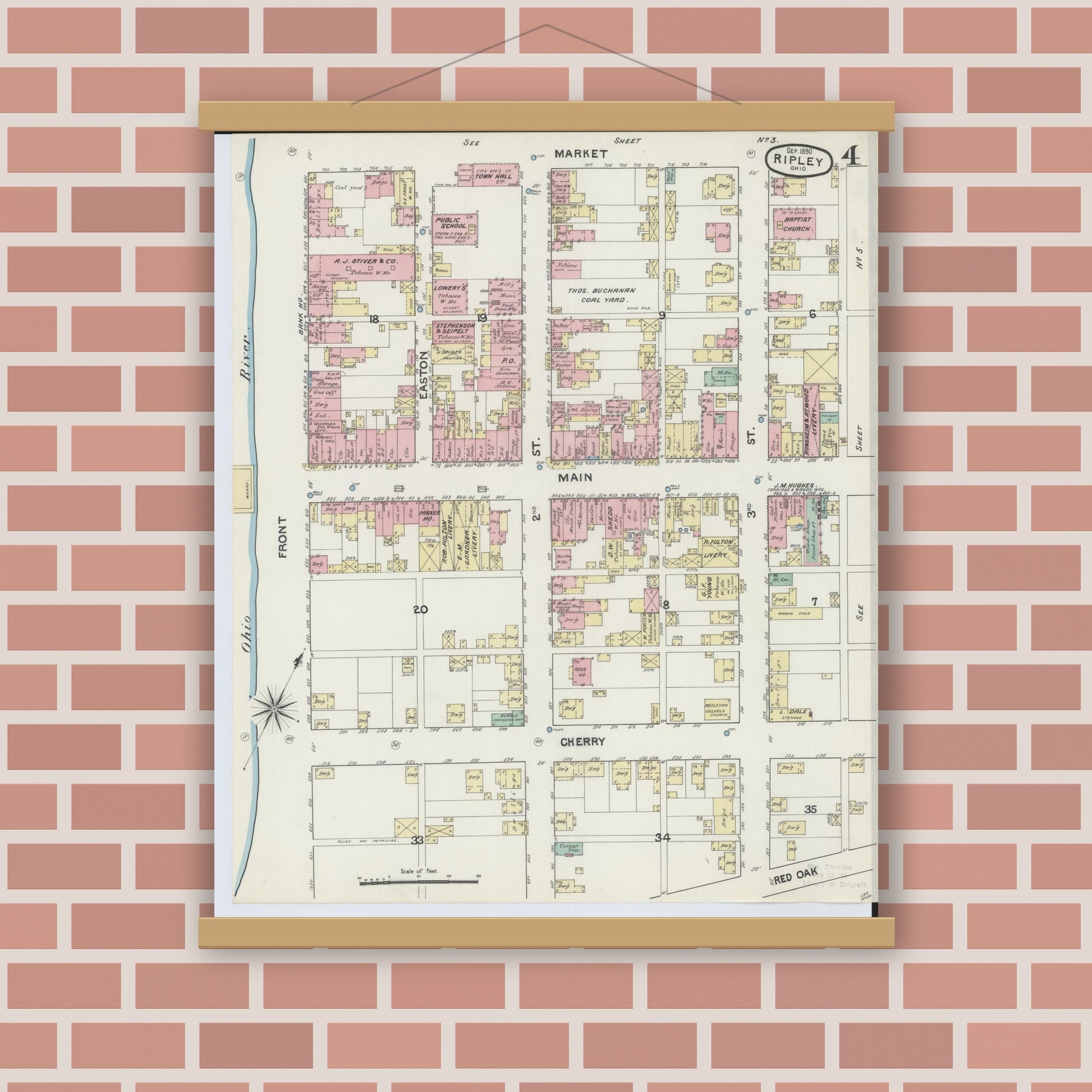 Old map wall art mockup — magnetic wood frame on brick wall — Sanborn Fire Insurance Map from Ripley, Brown County, Ohio (1890), Sheet #0004