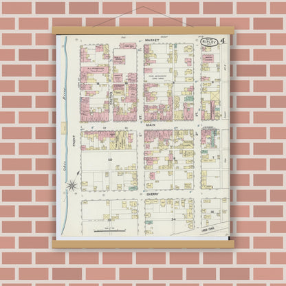 Old map wall art mockup — magnetic wood frame on brick wall — Sanborn Fire Insurance Map from Ripley, Brown County, Ohio (1890), Sheet #0004
