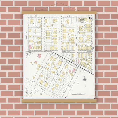Old map wall art mockup — magnetic wood frame on brick wall — Sanborn Fire Insurance Map from Cairo, Alexander County, Illinois (1914), Sheet #0019