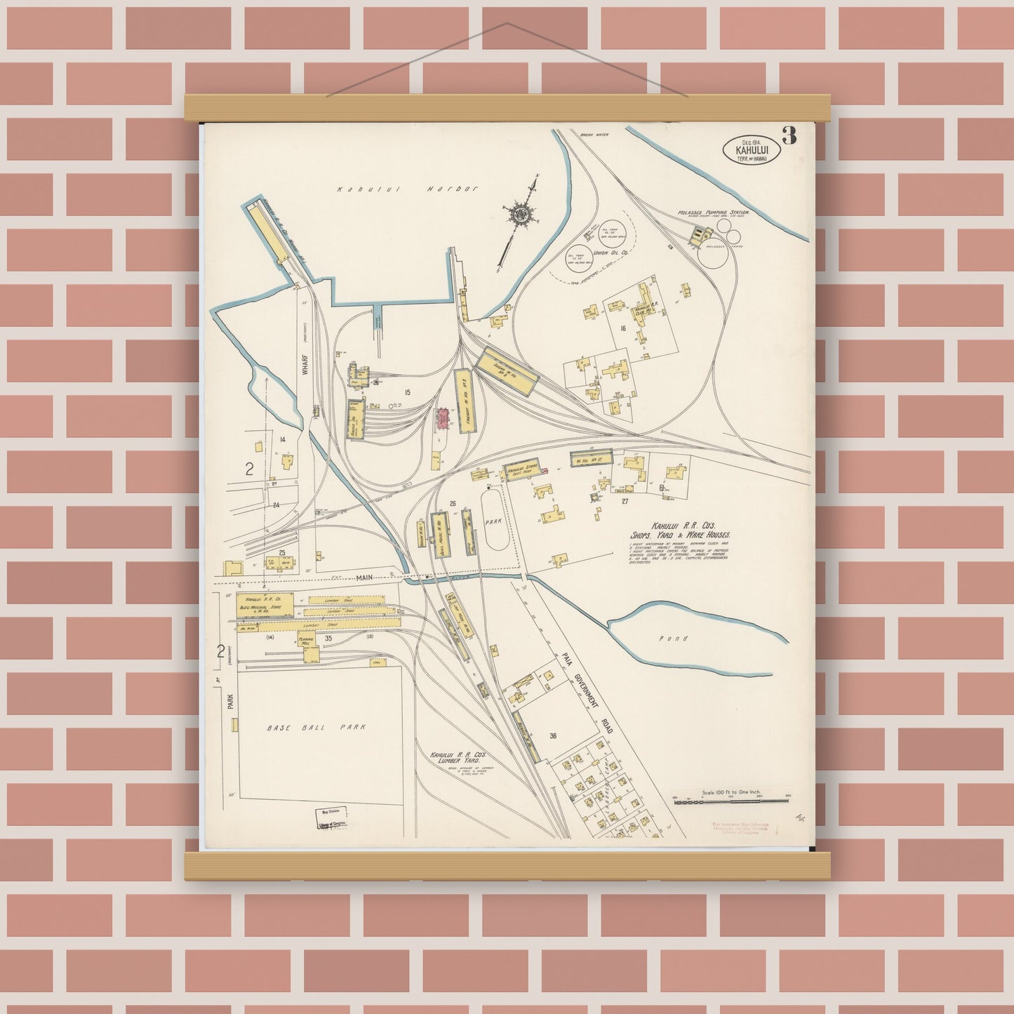 Old map wall art mockup — magnetic wood frame on brick wall — Sanborn Fire Insurance Map from Kahului, Maui County, Hawaii (1914), Sheet #0003