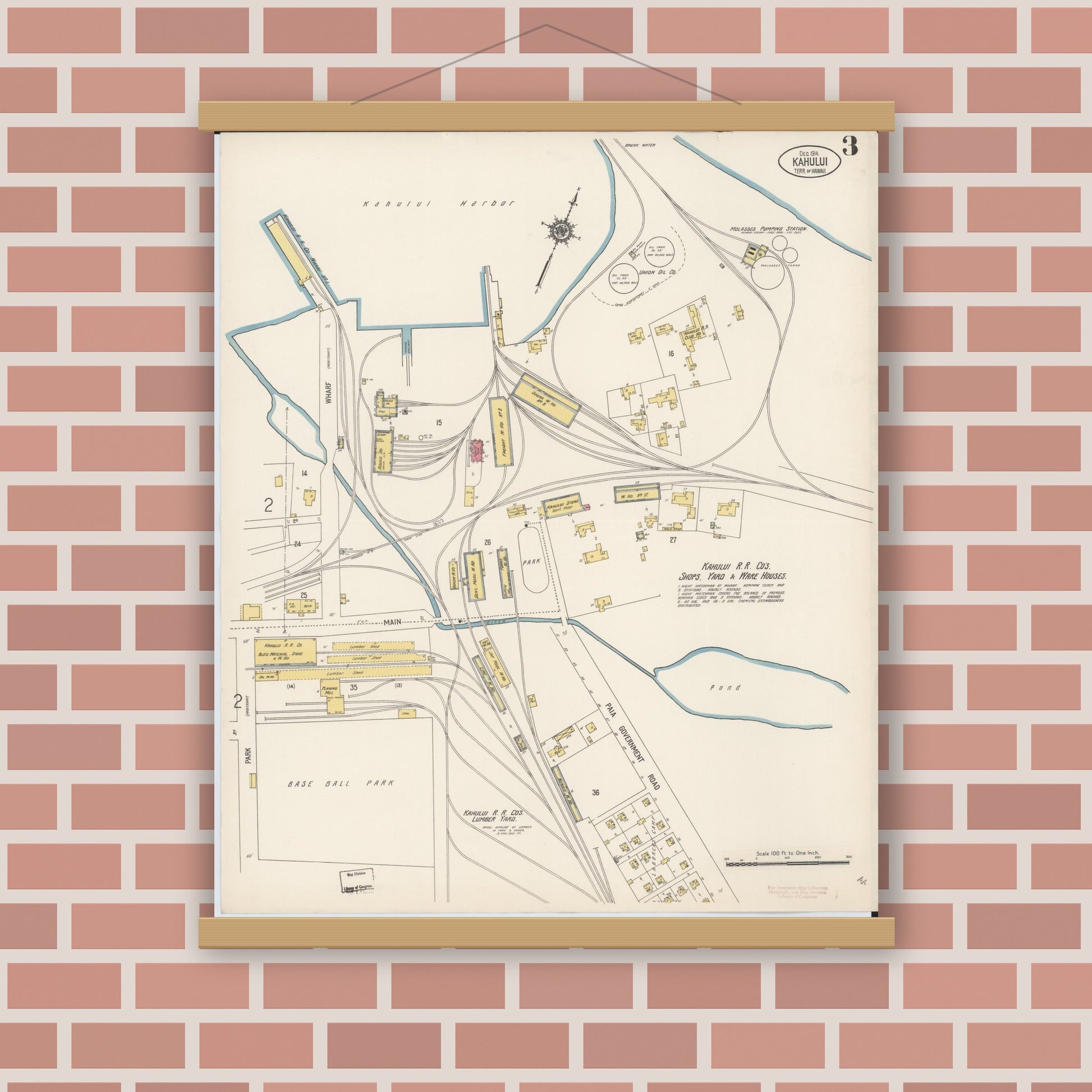 Old map wall art mockup — magnetic wood frame on brick wall — Sanborn Fire Insurance Map from Kahului, Maui County, Hawaii (1914), Sheet #0003