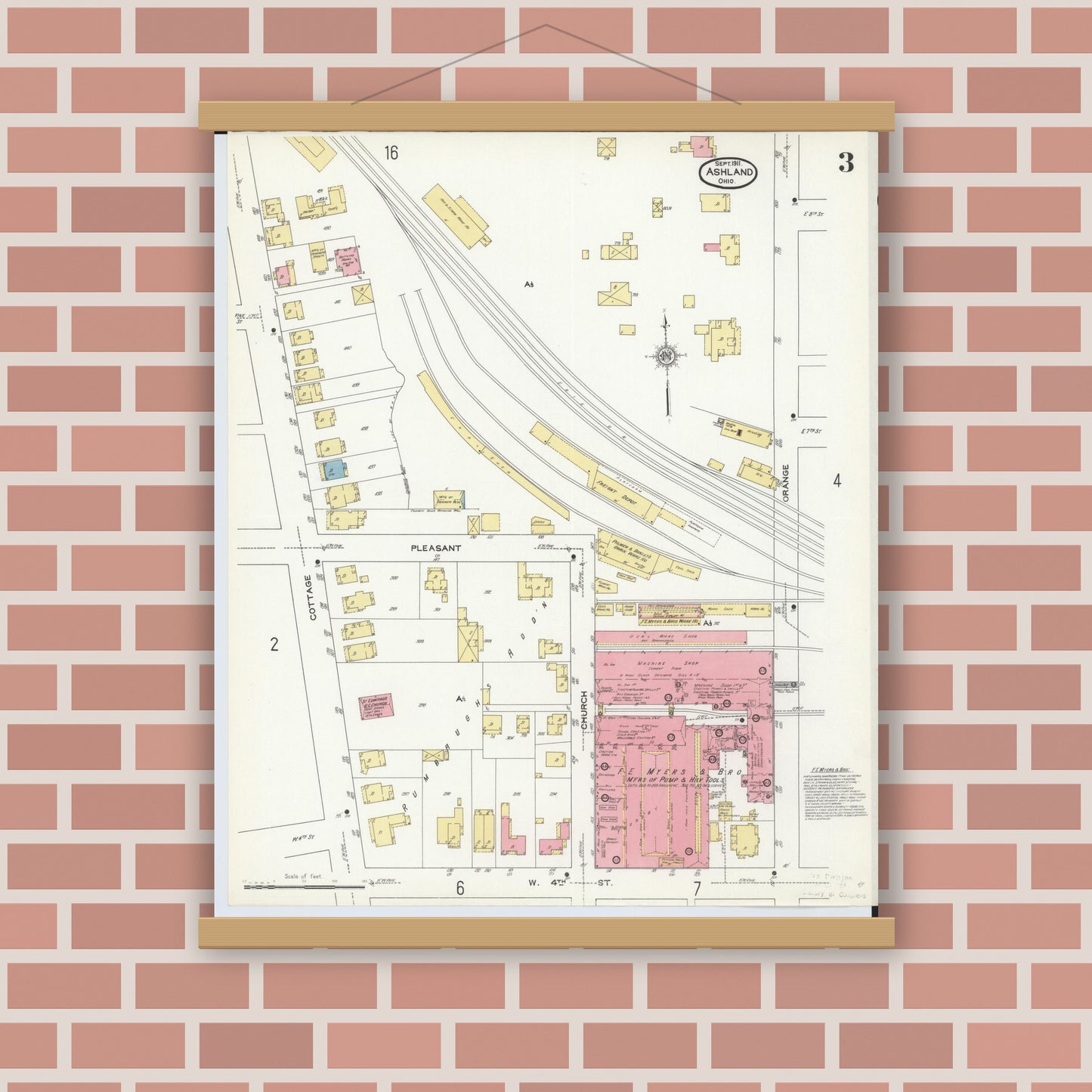 Old map wall art mockup — magnetic wood frame on brick wall — Sanborn Fire Insurance Map from Ashland, Ashland County, Ohio (1911), Sheet #0003