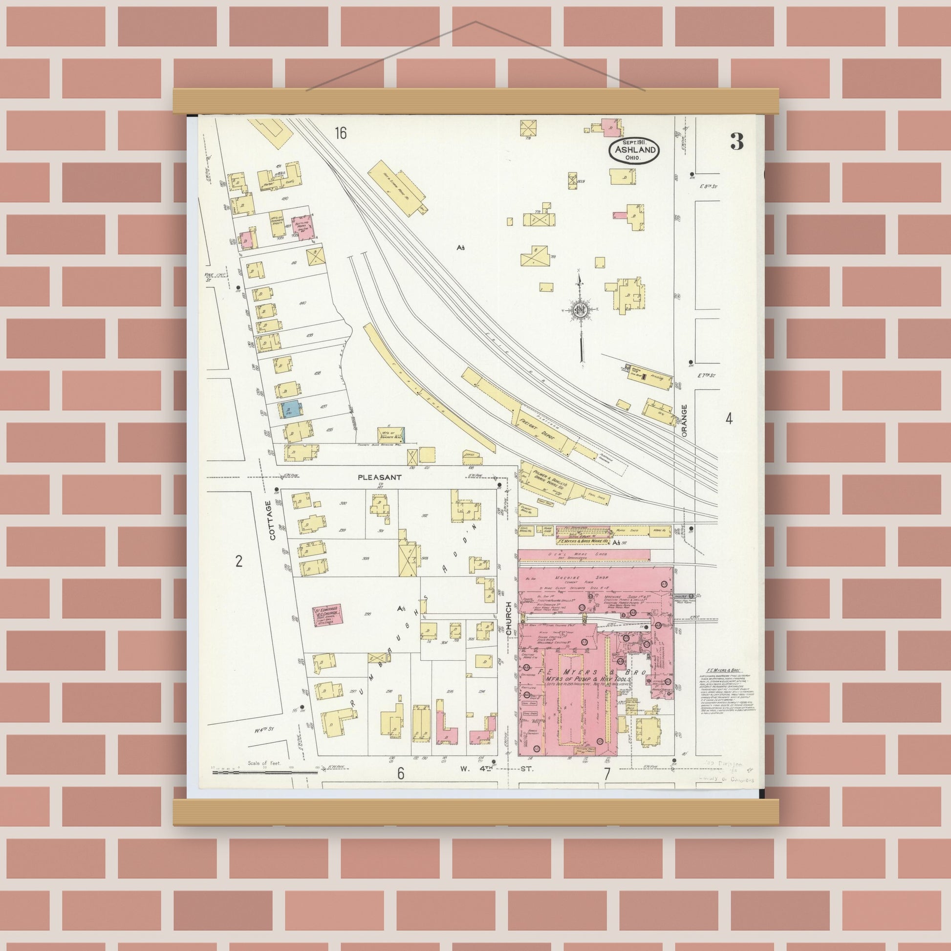 Old map wall art mockup — magnetic wood frame on brick wall — Sanborn Fire Insurance Map from Ashland, Ashland County, Ohio (1911), Sheet #0003