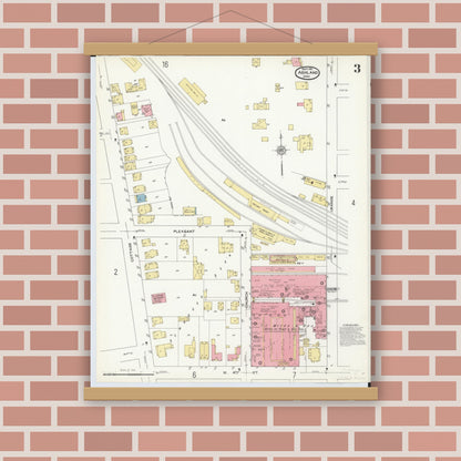Old map wall art mockup — magnetic wood frame on brick wall — Sanborn Fire Insurance Map from Ashland, Ashland County, Ohio (1911), Sheet #0003