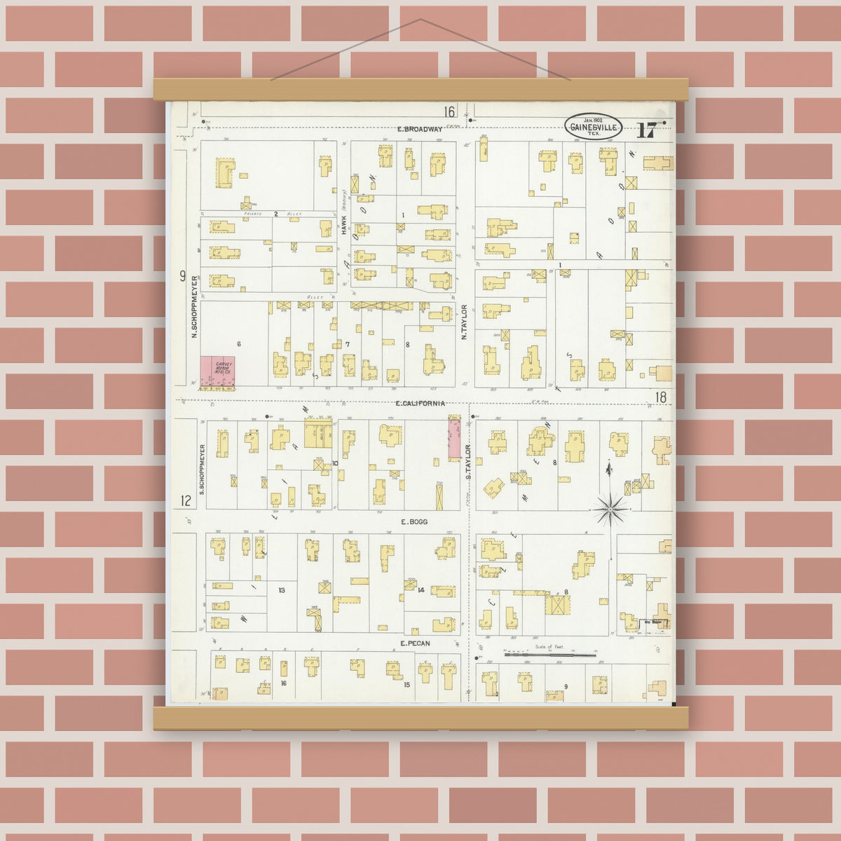 Old map wall art mockup — magnetic wood frame on brick wall — Sanborn Fire Insurance Map from Gainesville, Cooke County, Texas (1902), Sheet #0017