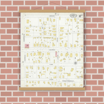 Old map wall art mockup — magnetic wood frame on brick wall — Sanborn Fire Insurance Map from Gainesville, Cooke County, Texas (1902), Sheet #0017