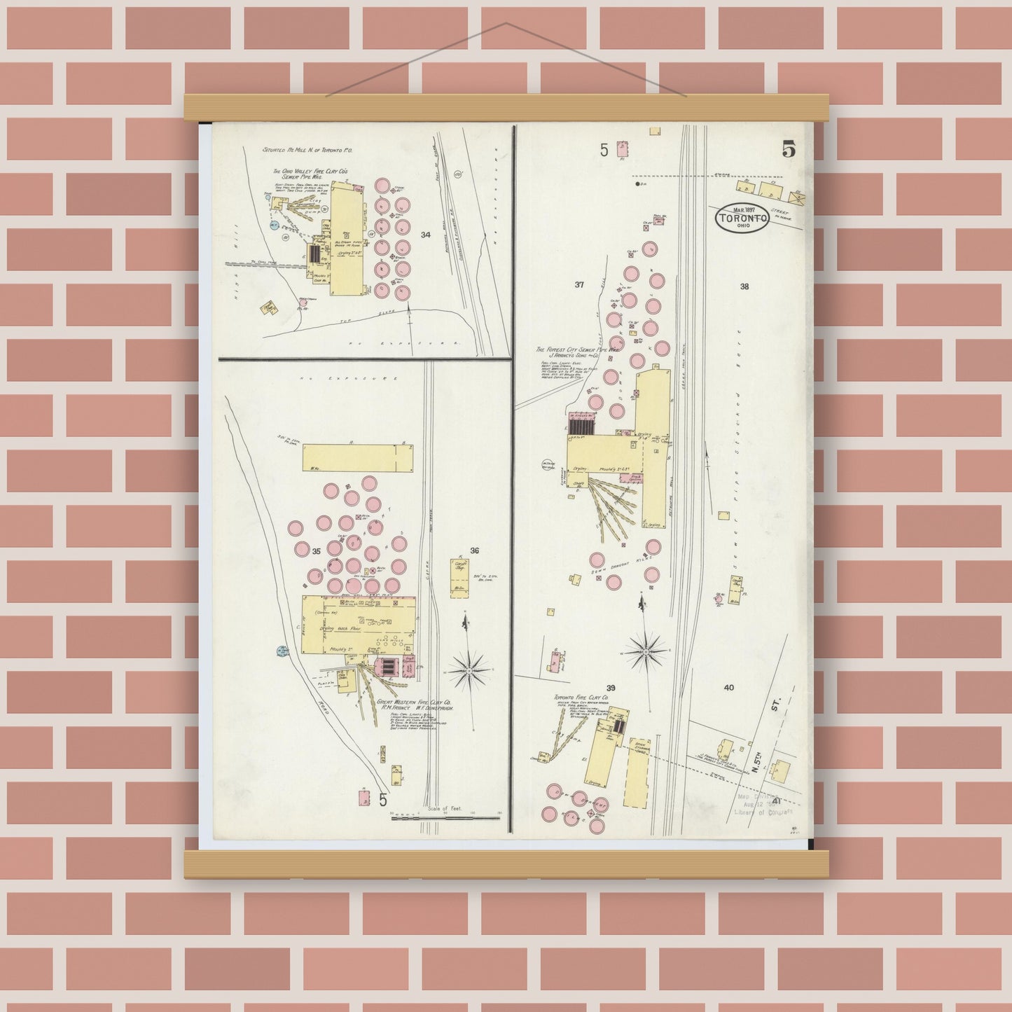 Old map wall art mockup — magnetic wood frame on brick wall — Sanborn Fire Insurance Map from Toronto, Jefferson County, Ohio (1897), Sheet #0005