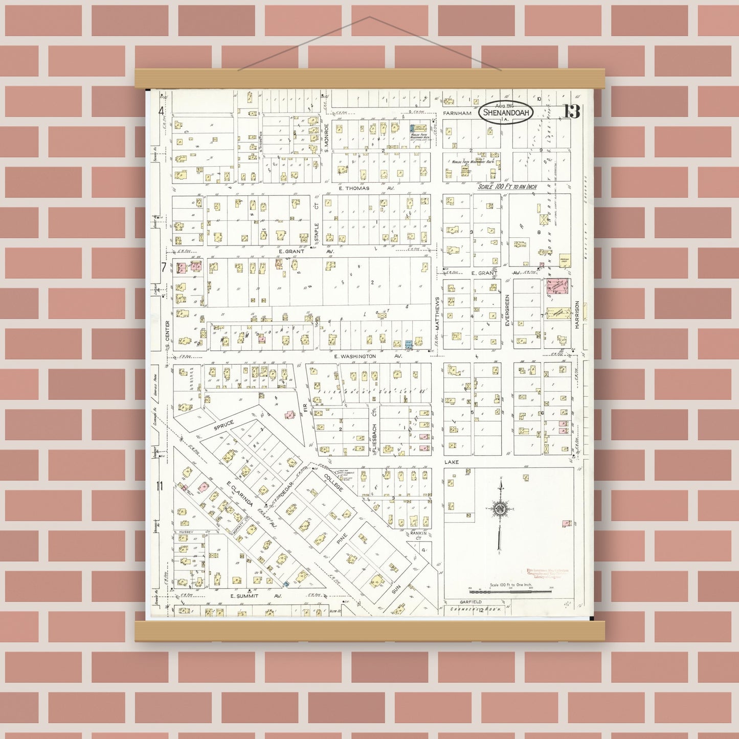 Old map wall art mockup — magnetic wood frame on brick wall — Sanborn Fire Insurance Map from Shenandoah, Page County, Iowa (1914), Sheet #0013