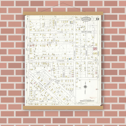 Old map wall art mockup — magnetic wood frame on brick wall — Sanborn Fire Insurance Map from Shenandoah, Page County, Iowa (1914), Sheet #0013
