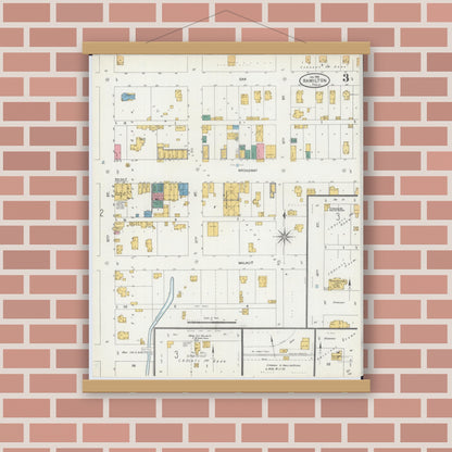 Old map wall art mockup — magnetic wood frame on brick wall — Sanborn Fire Insurance Map from Hamilton, Hancock County, Illinois (1906), Sheet #0003