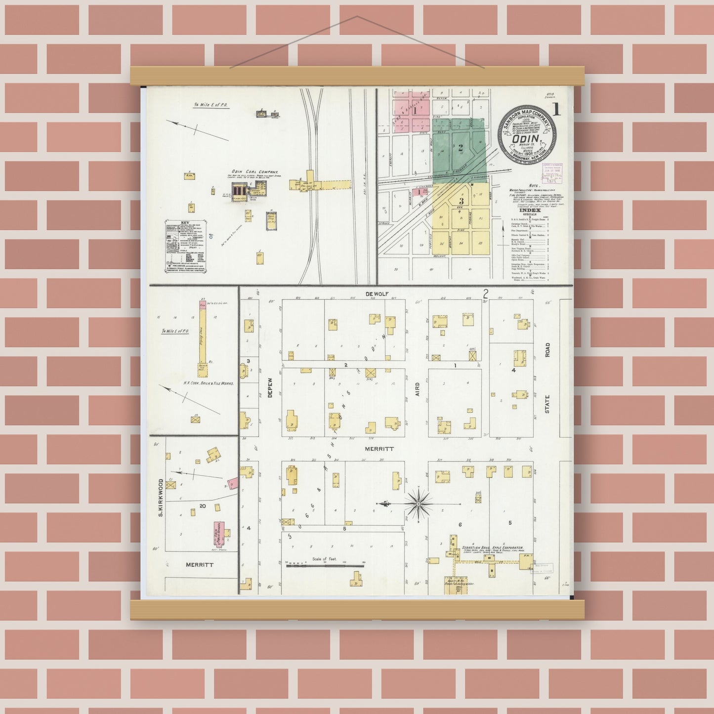 Old map wall art mockup — magnetic wood frame on brick wall — Sanborn Fire Insurance Map from Odin, Marion County, Illinois (1906) - Complete Map Set