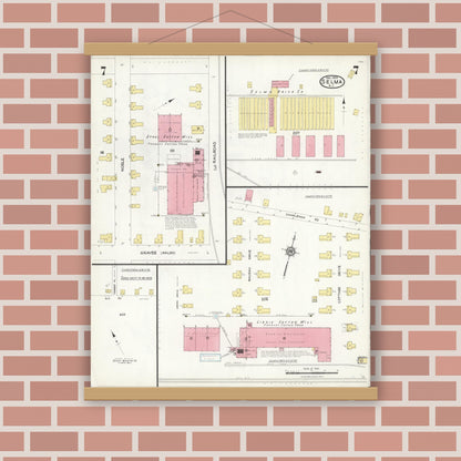 Old map wall art mockup — magnetic wood frame on brick wall — Sanborn Fire Insurance Map from Selma, Johnston County, North Carolina (1923), Sheet #0007