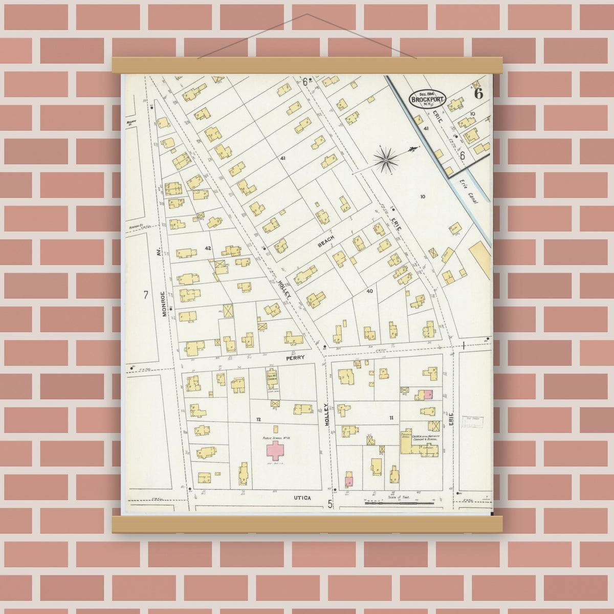 Old map wall art mockup — magnetic wood frame on brick wall — Sanborn Fire Insurance Map from Brockport, Monroe County, New York (1904), Sheet #0006
