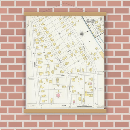 Old map wall art mockup — magnetic wood frame on brick wall — Sanborn Fire Insurance Map from Brockport, Monroe County, New York (1904), Sheet #0006
