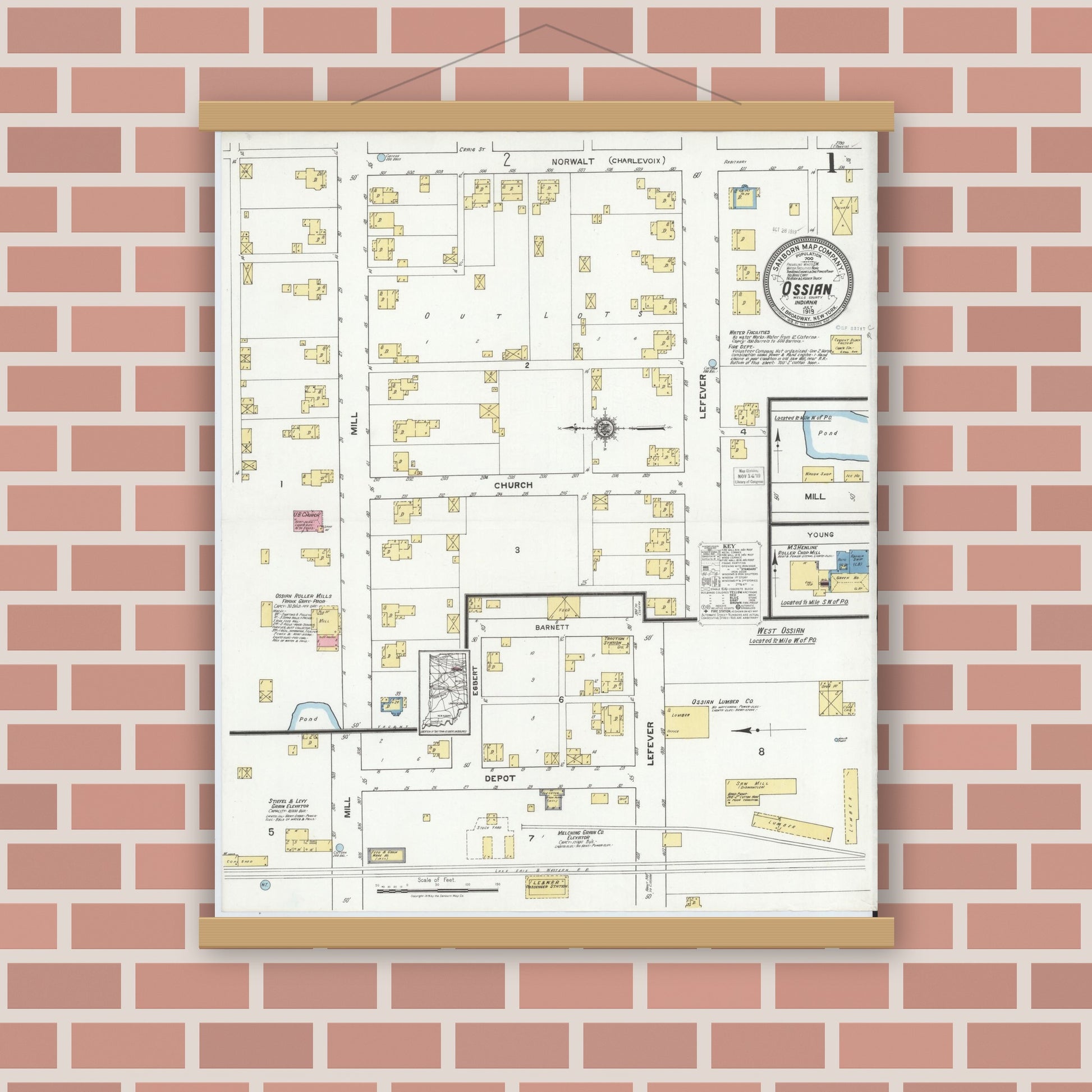 Old map wall art mockup — magnetic wood frame on brick wall — Sanborn Fire Insurance Map from Ossian, Wells County, Indiana (1919) - Complete Map Set