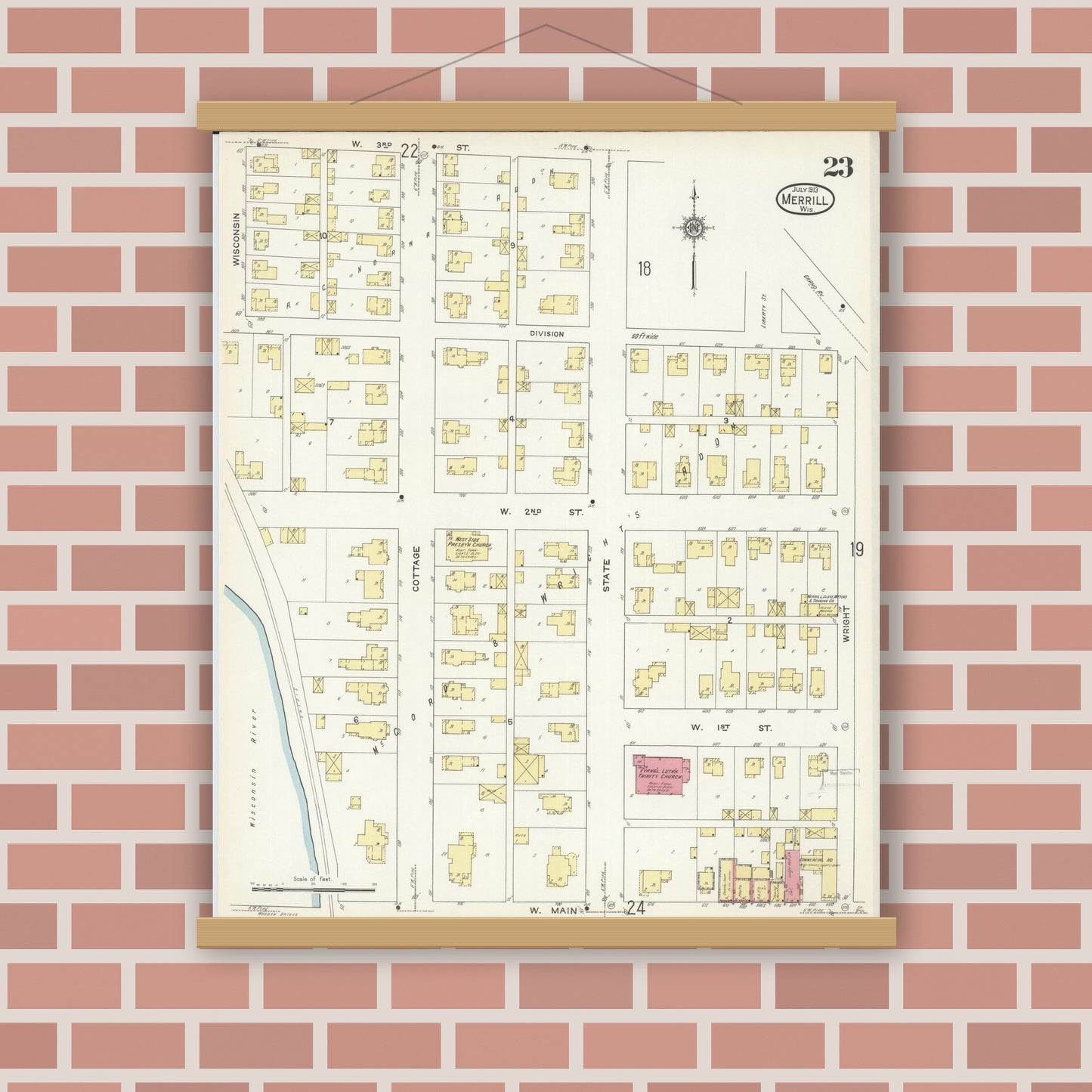 Old map wall art mockup — magnetic wood frame on brick wall — Sanborn Fire Insurance Map from Merrill, Lincoln County, Wisconsin (1913), Sheet #0023
