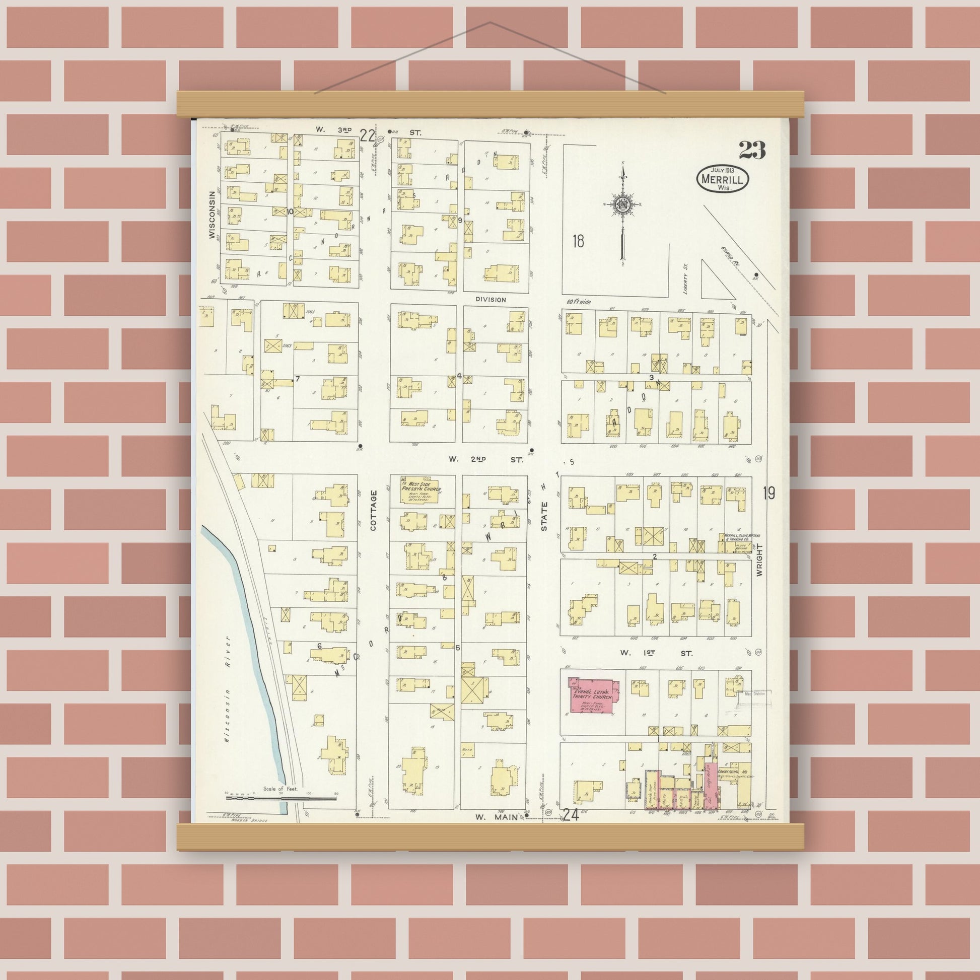 Old map wall art mockup — magnetic wood frame on brick wall — Sanborn Fire Insurance Map from Merrill, Lincoln County, Wisconsin (1913), Sheet #0023