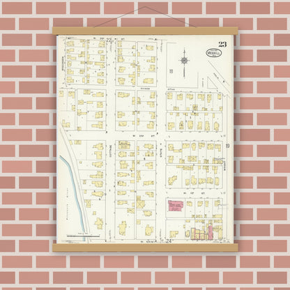 Old map wall art mockup — magnetic wood frame on brick wall — Sanborn Fire Insurance Map from Merrill, Lincoln County, Wisconsin (1913), Sheet #0023