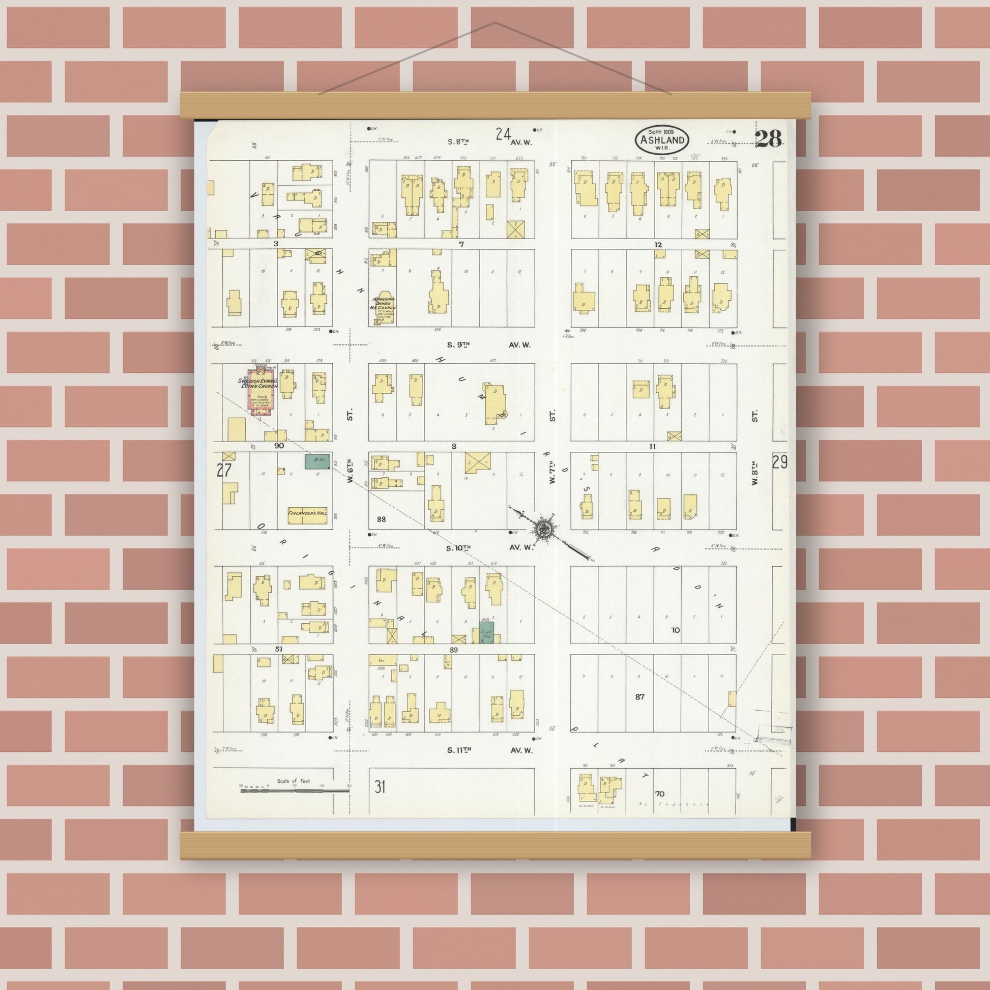 Old map wall art mockup — magnetic wood frame on brick wall — Sanborn Fire Insurance Map from Ashland, Ashland County, Wisconsin (1909), Sheet #0028