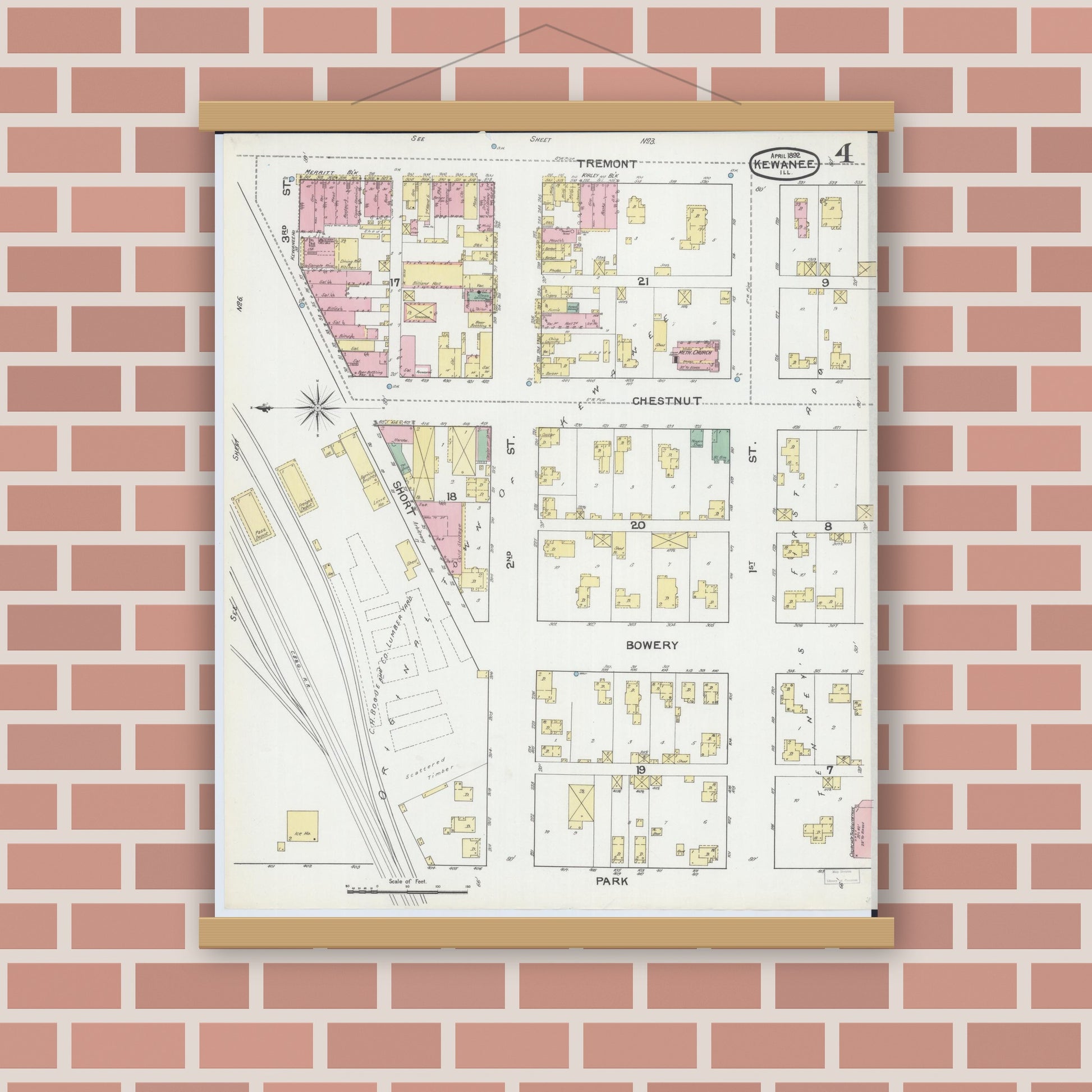 Old map wall art mockup — magnetic wood frame on brick wall — Sanborn Fire Insurance Map from Kewanee, Henry County, Illinois (1892), Sheet #0004