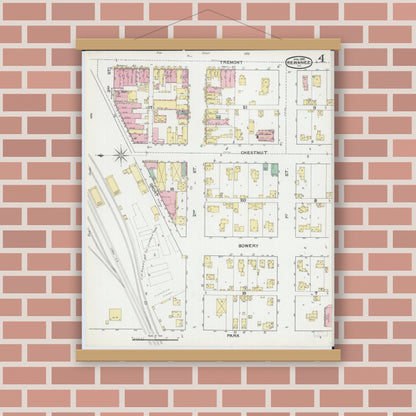 Old map wall art mockup — magnetic wood frame on brick wall — Sanborn Fire Insurance Map from Kewanee, Henry County, Illinois (1892), Sheet #0004