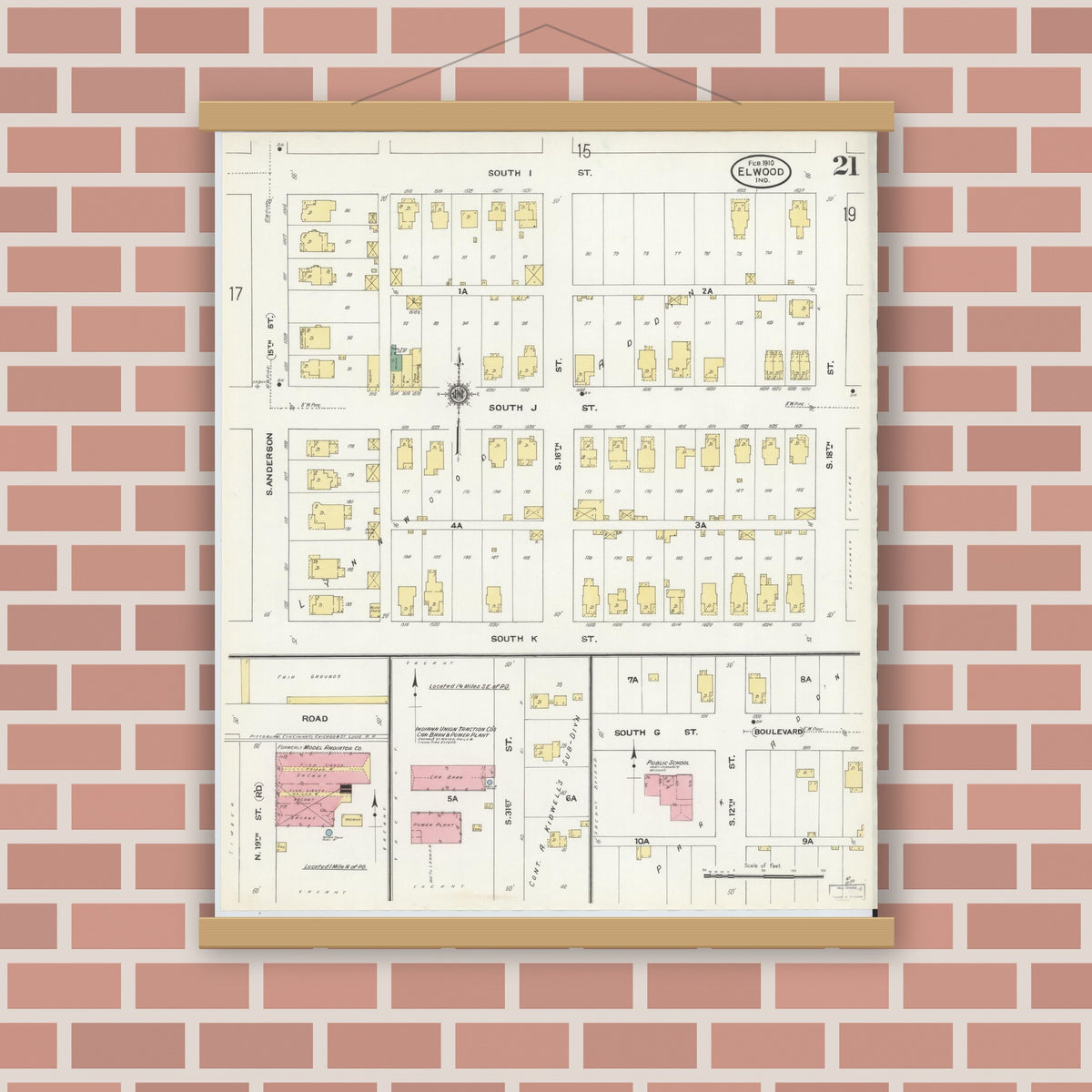 Old map wall art mockup — magnetic wood frame on brick wall — Sanborn Fire Insurance Map from Elwood, Madison County, Indiana (1910), Sheet #0021