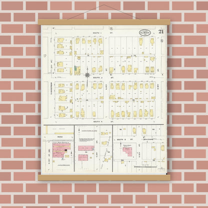 Old map wall art mockup — magnetic wood frame on brick wall — Sanborn Fire Insurance Map from Elwood, Madison County, Indiana (1910), Sheet #0021