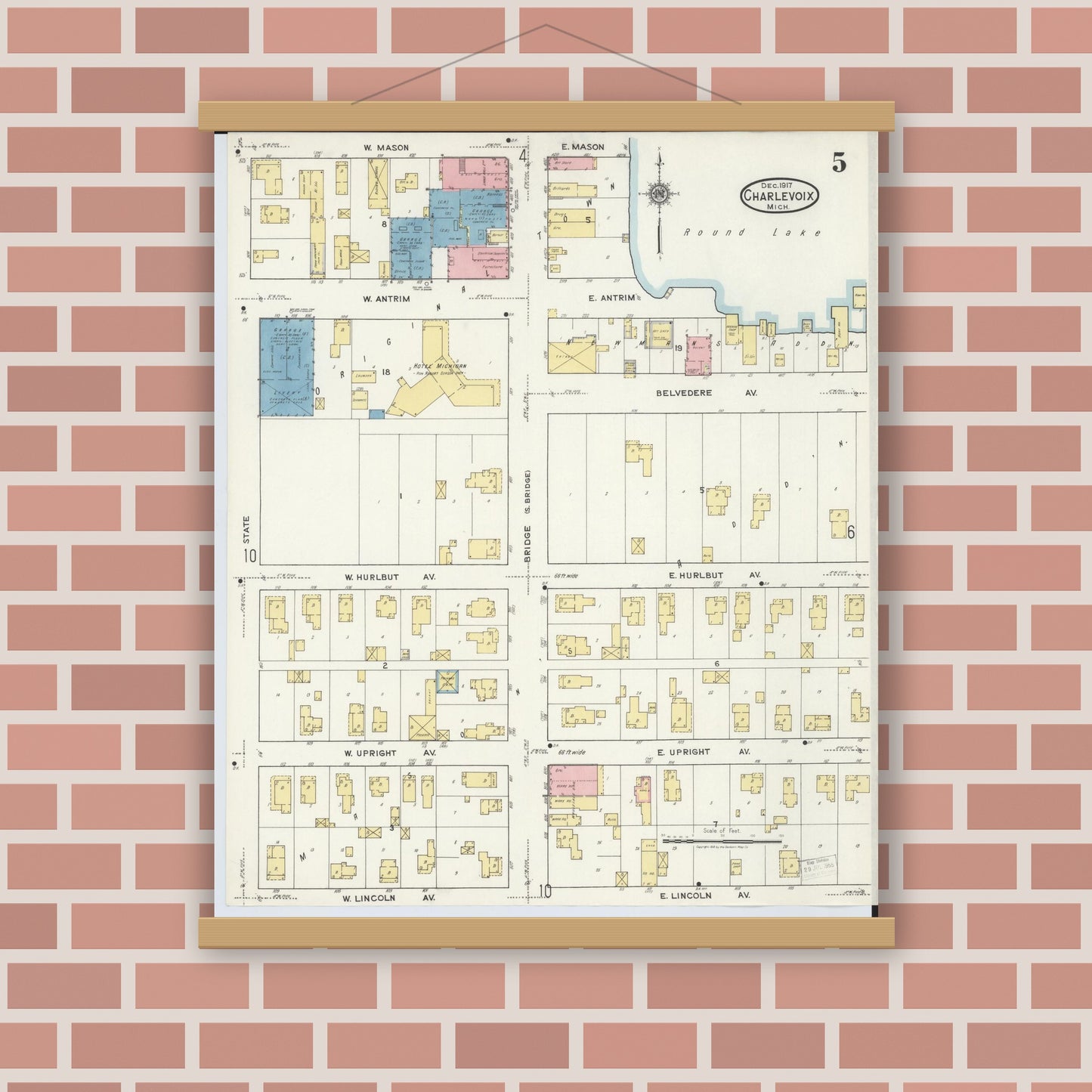 Old map wall art mockup — magnetic wood frame on brick wall — Sanborn Fire Insurance Map from Charlevoix, Charlevoix County, Michigan (1917), Sheet #0005